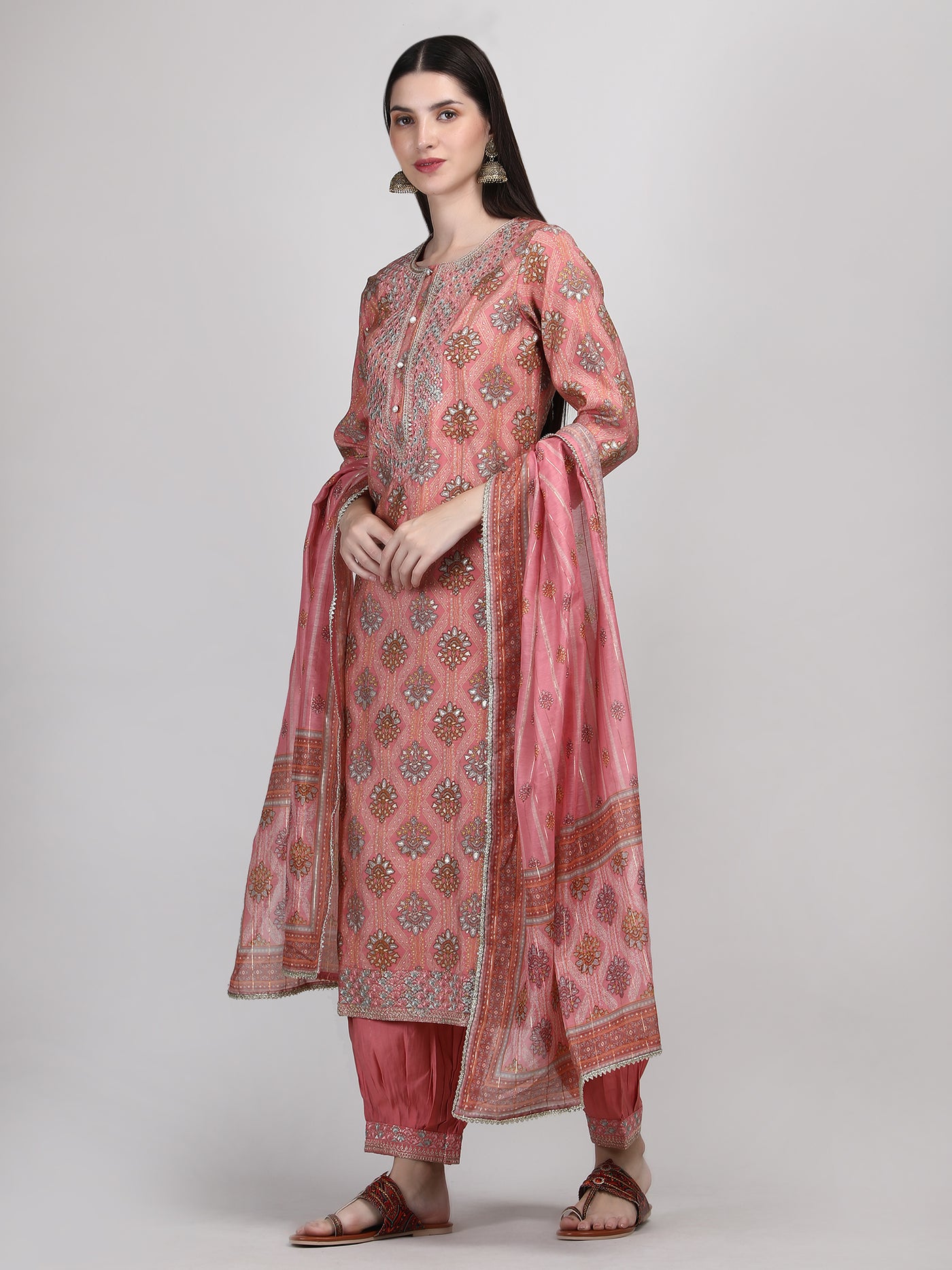 Women's Peach Coloured Embroidered Afghani Suit Set | Afghani Salwar Kurta Set with Dupatta & Potli