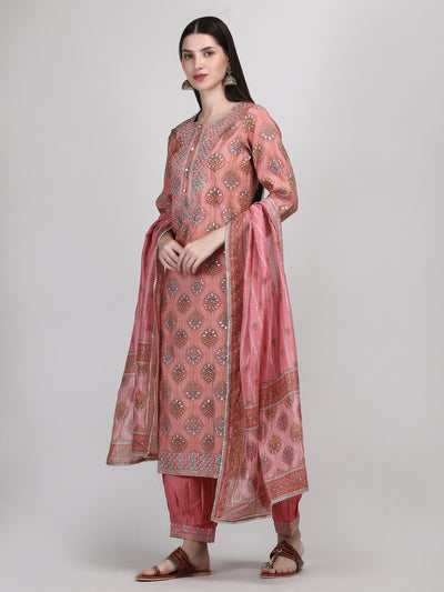 Women's Peach Coloured Embroidered Afghani Suit Set | Afghani Salwar Kurta Set with Dupatta & Potli