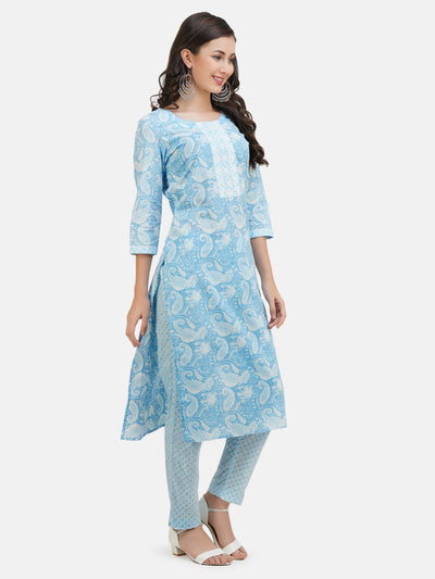 Women's Light Blue Ethnic Motifs Printed Embroidered Kurta With Trouser