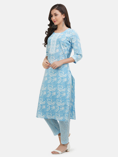 Women's Light Blue Ethnic Motifs Printed Embroidered Kurta With Trouser