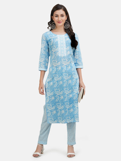 Women's Light Blue Ethnic Motifs Printed Embroidered Kurta With Trouser