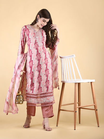 Women's Peach Muslin Embroidered Kurta with Pant and Dupatta