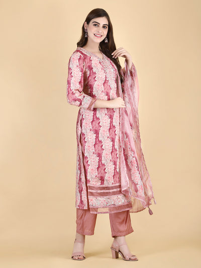 Women's Peach Muslin Embroidered Kurta with Pant and Dupatta