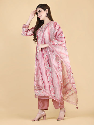 Women's Peach Muslin Embroidered Kurta with Pant and Dupatta