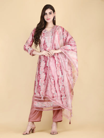 Women's Peach Muslin Embroidered Kurta with Pant and Dupatta