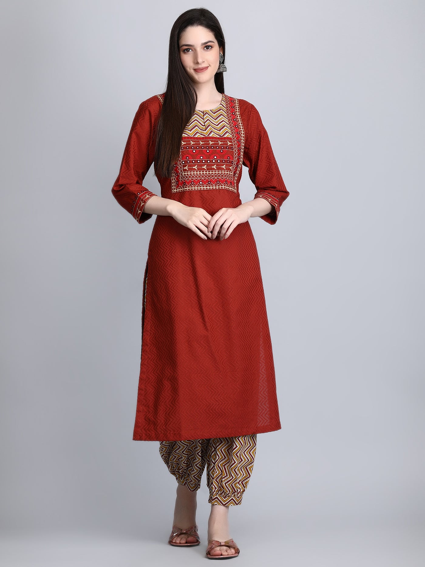 Women's Rust Dobby Straight Kurta with Printed Afghani Salwar