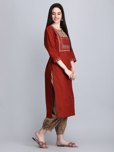 Women's Rust Dobby Straight Kurta with Printed Afghani Salwar