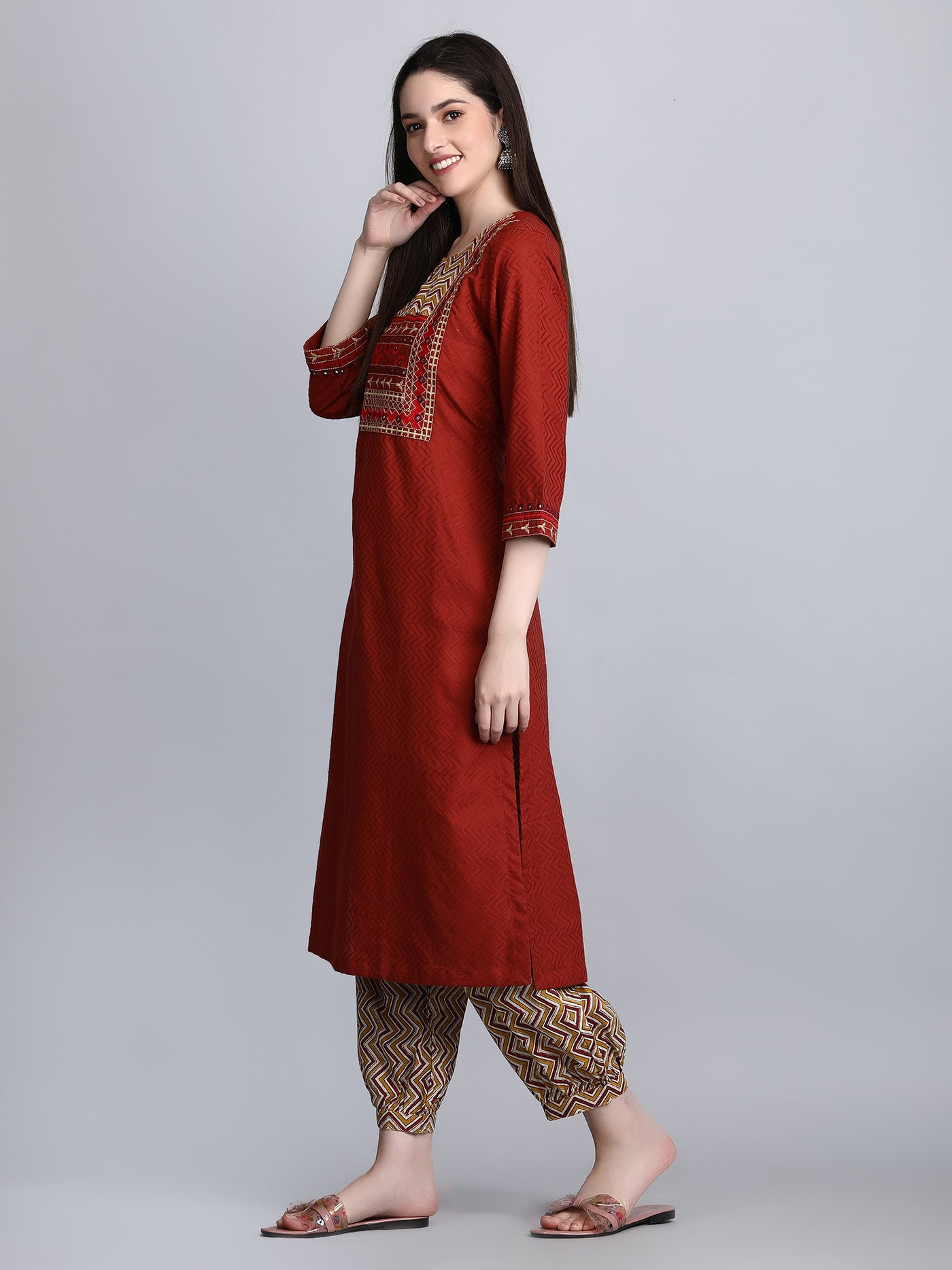 Women's Rust Dobby Straight Kurta with Printed Afghani Salwar