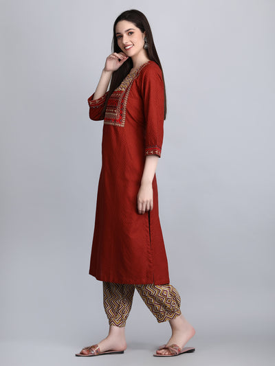 Women's Rust Dobby Straight Kurta with Printed Afghani Salwar