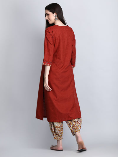 Women's Rust Dobby Straight Kurta with Printed Afghani Salwar