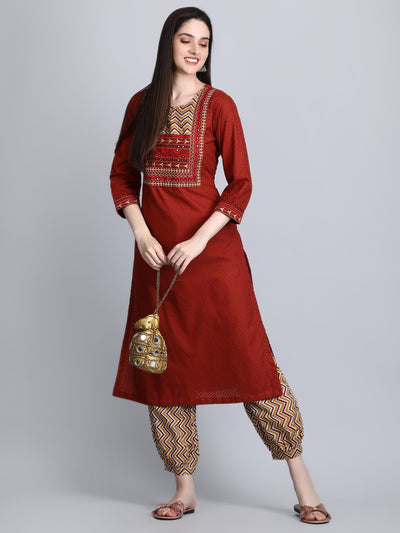 Women's Rust Dobby Straight Kurta with Printed Afghani Salwar