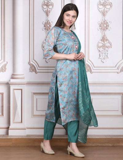 Pink Weaves Women's Turquoise Blue Embroidered Kurta Pant With Dupatta Set