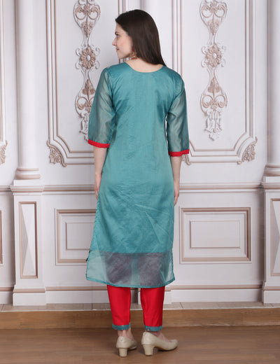 Pink Weaves Women's blue Jacquard Silk Kurta Set with Pant and Dupatta