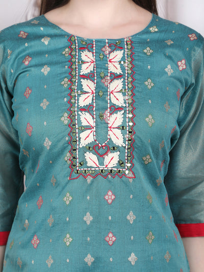 Pink Weaves Women's blue Jacquard Silk Kurta Set with Pant and Dupatta