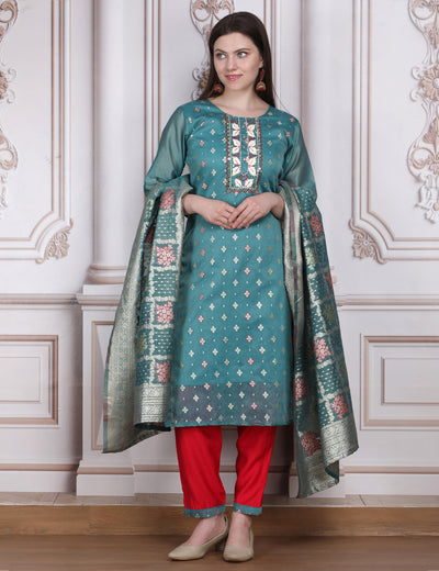 Pink Weaves Women's blue Jacquard Silk Kurta Set with Pant and Dupatta