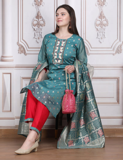 Pink Weaves Women's blue Jacquard Silk Kurta Set with Pant and Dupatta