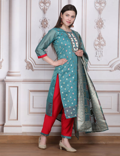 Pink Weaves Women's blue Jacquard Silk Kurta Set with Pant and Dupatta