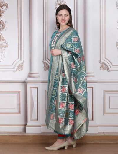 Pink Weaves Women's blue Jacquard Silk Kurta Set with Pant and Dupatta