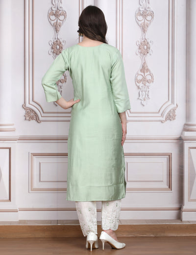 Pink Weaves Women's Lime Green Embroidered Kurta Pant With Dupatta Set
