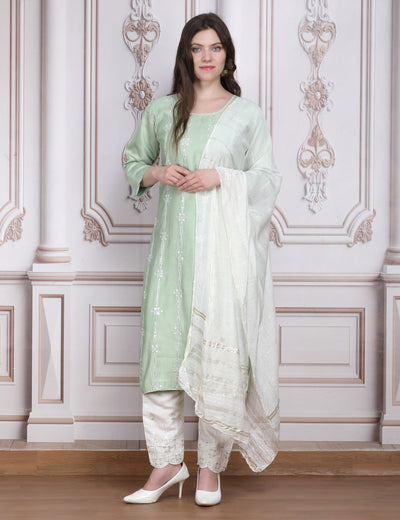 Pink Weaves Women's Lime Green Embroidered Kurta Pant With Dupatta Set