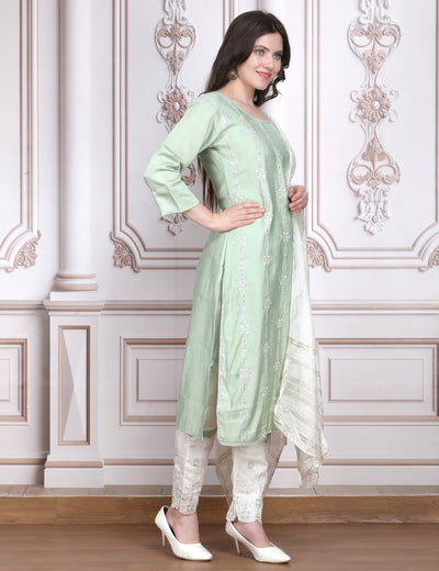 Pink Weaves Women's Lime Green Embroidered Kurta Pant With Dupatta Set