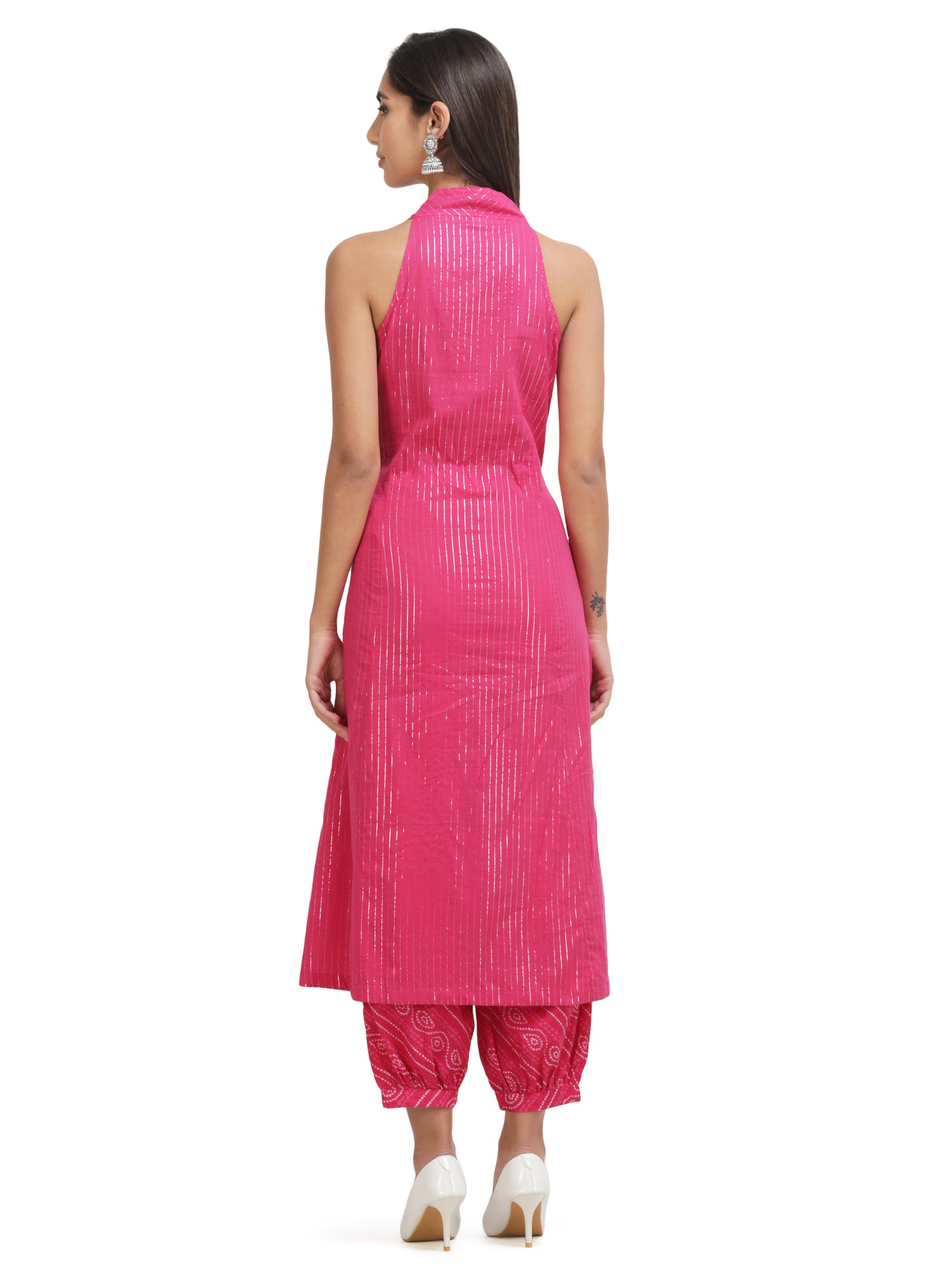 Women Pink Lurex A-Line Kurta With Printed Salwar