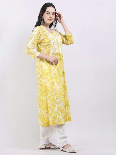 Women's Yellow Floral Printed Cotton A - Line Chikankari Embroidered Kurta