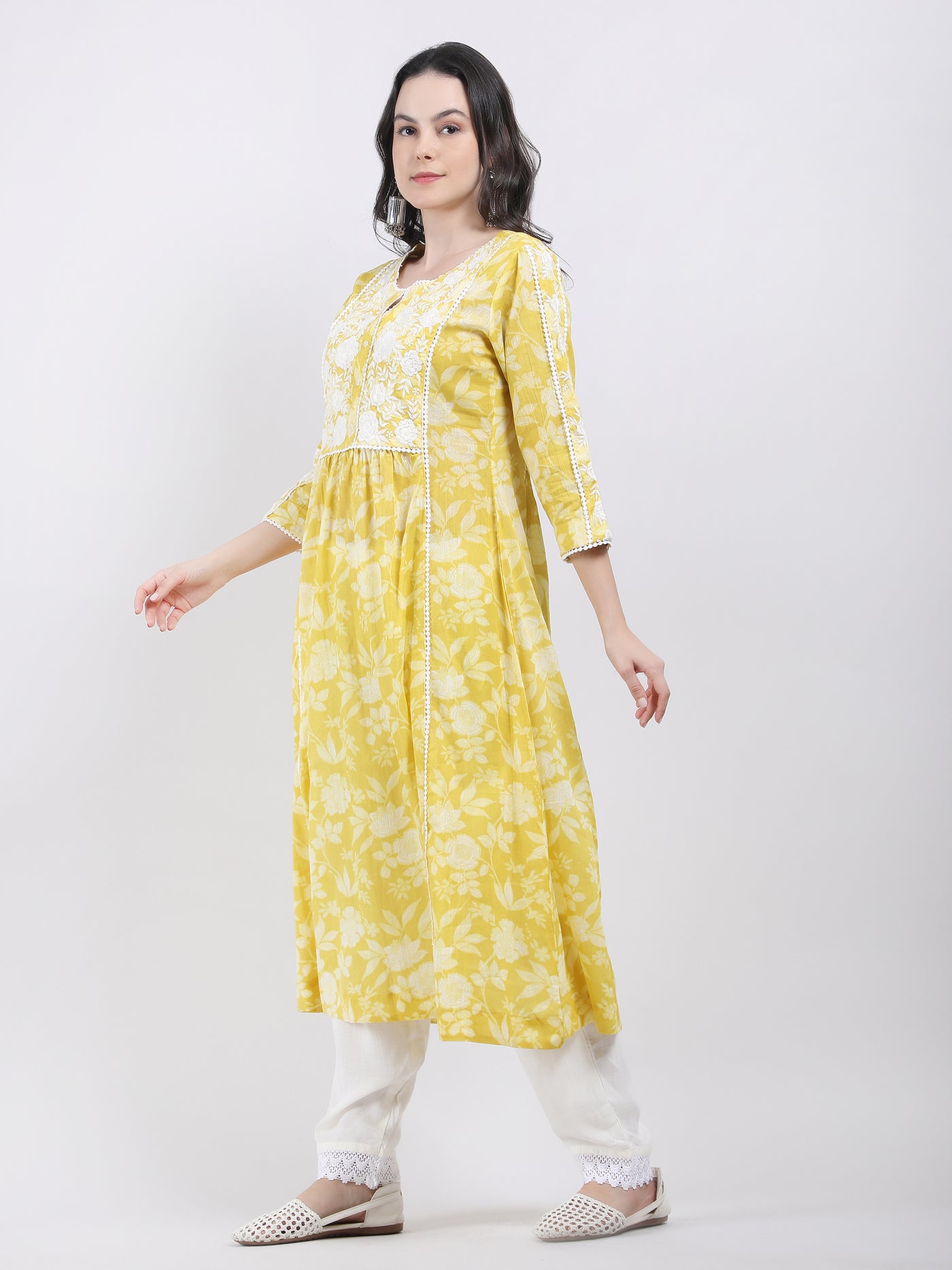 Women's Yellow Floral Printed Cotton A - Line Chikankari Embroidered Kurta