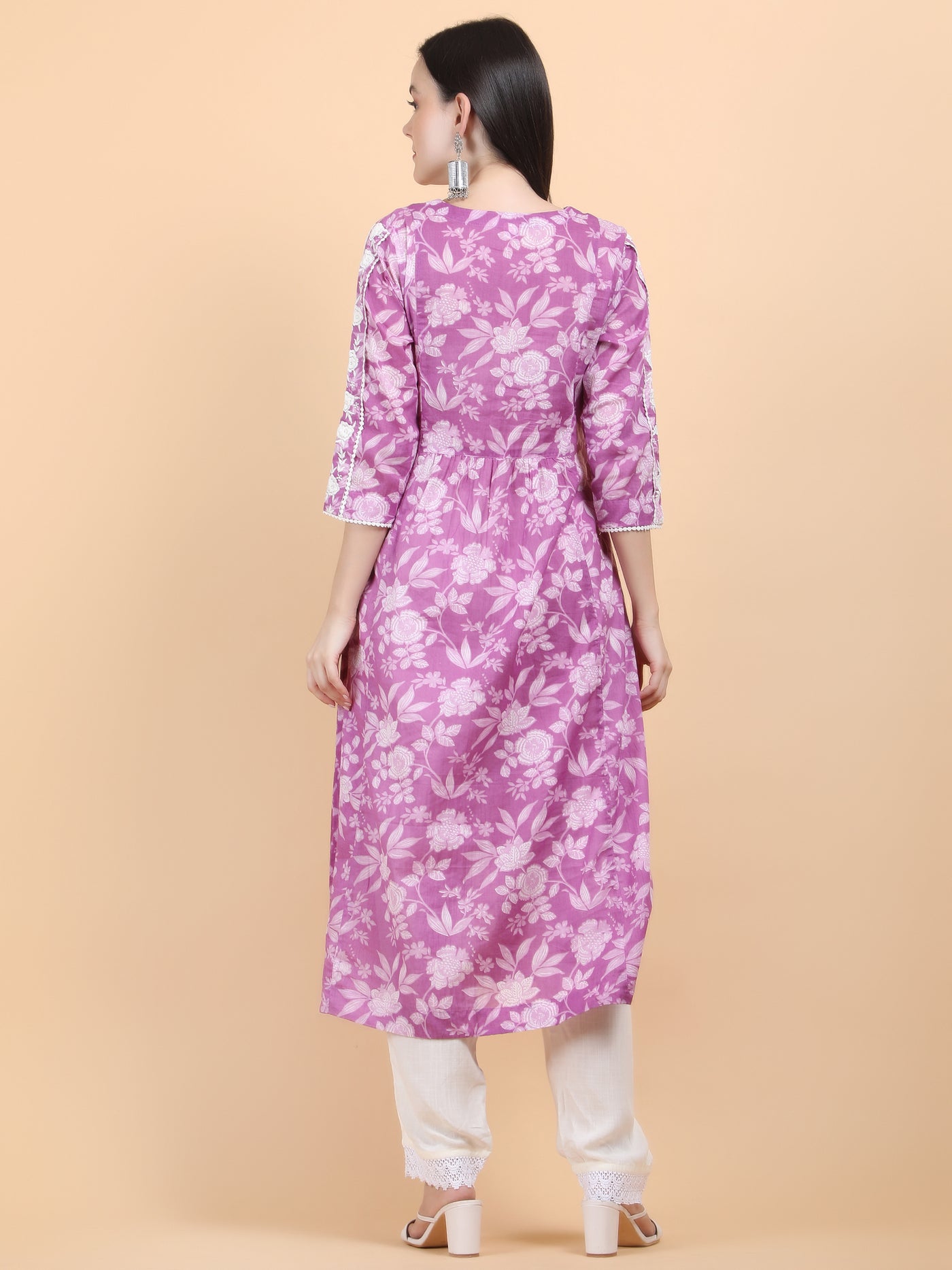 Women's Purple Floral Printed Cotton A - Line Chikankari Embroidered Kurta