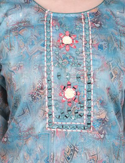 Pink Weaves Women's Turquoise Blue Embroidered Kurta Pant With Dupatta Set