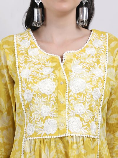 Women's Yellow Floral Printed Cotton A - Line Chikankari Embroidered Kurta