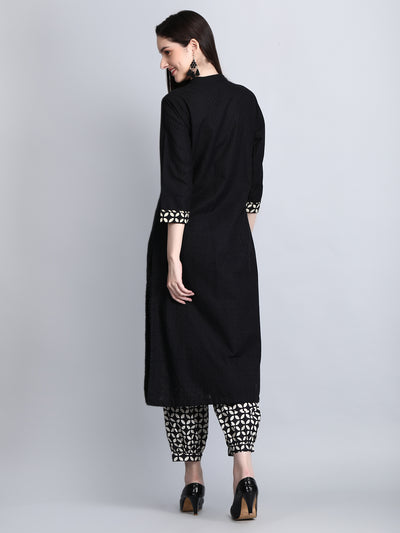 Women's Black Dobby Staright Kurta with Printed Afghani Salwar