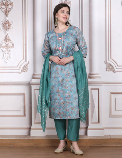 Pink Weaves Women's Turquoise Blue Embroidered Kurta Pant With Dupatta Set