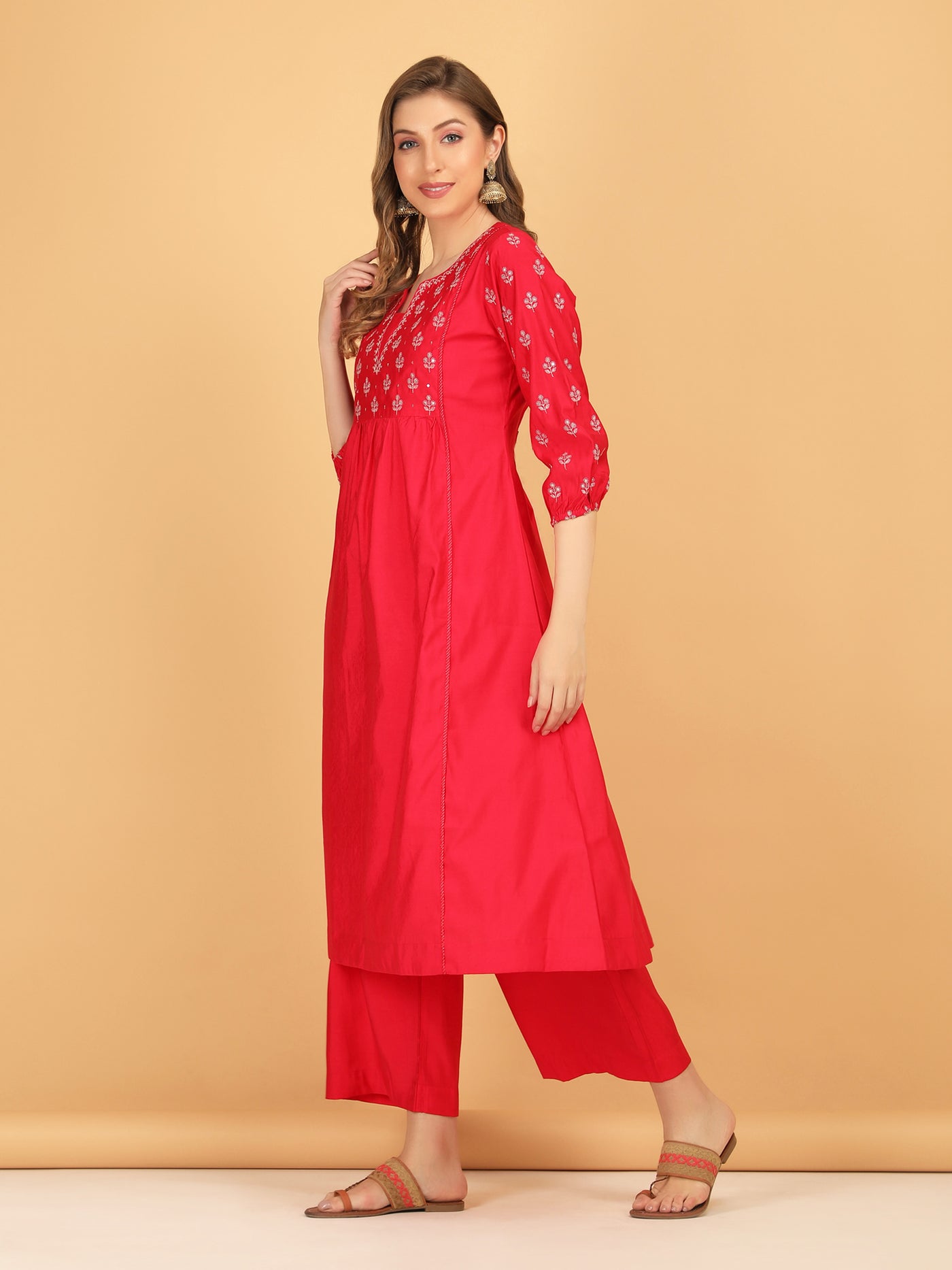 Women's Pink Aari Worked Embroidered Modal Silk A-Line Kurta Set | Kurta Set for Women