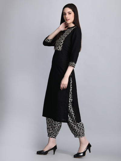 Women's Black Dobby Staright Kurta with Printed Afghani Salwar