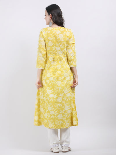 Women's Yellow Floral Printed Cotton A - Line Chikankari Embroidered Kurta