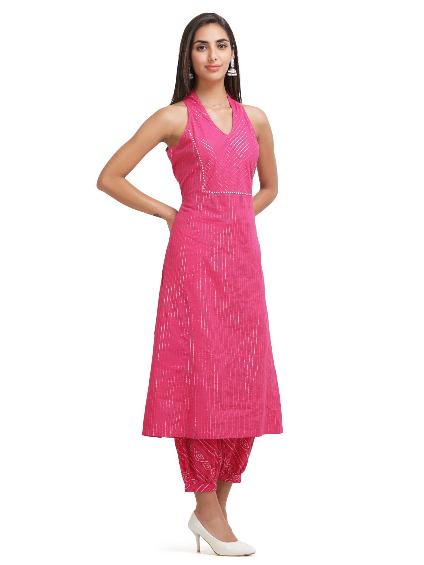 Women Pink Lurex A-Line Kurta With Printed Salwar