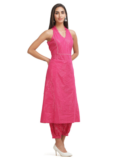 Women Pink Lurex A-Line Kurta With Printed Salwar