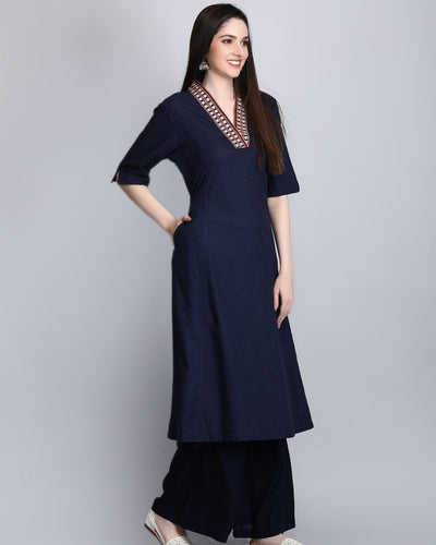 Women's Blue Dobby Cotton Embroidered A-Line Kurta