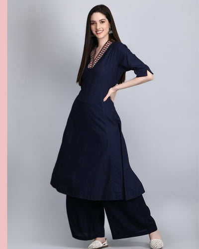 Women's Blue Dobby Cotton Embroidered A-Line Kurta