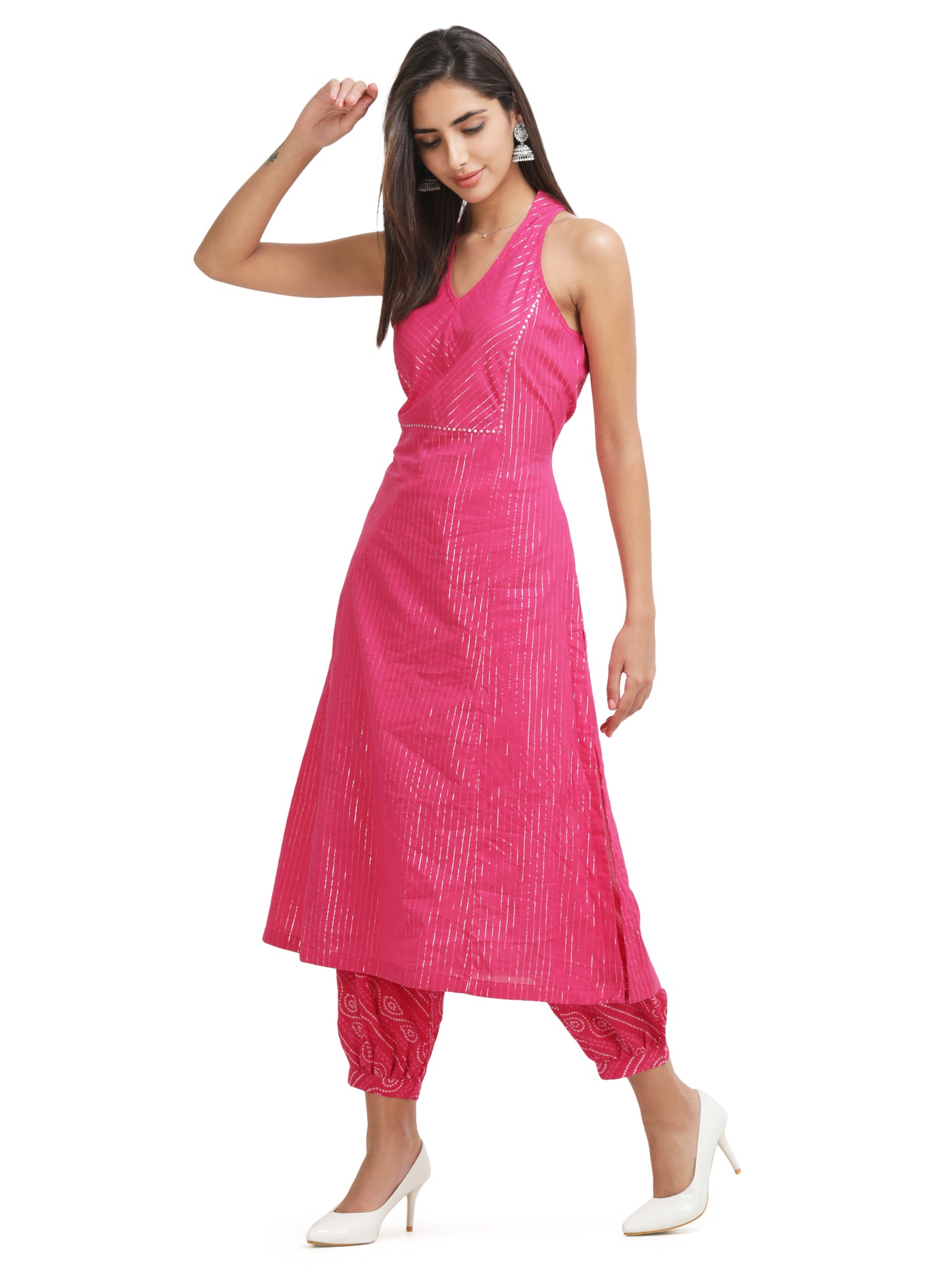 Women Pink Lurex A-Line Kurta With Printed Salwar