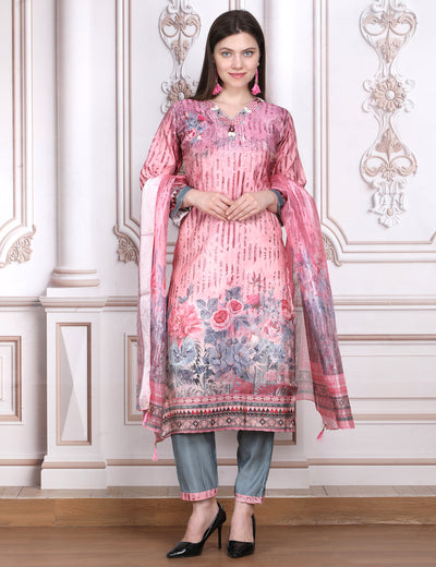 Pink Weaves Women's Pink Embroidered Floral Kurta Pant With Dupatta Set