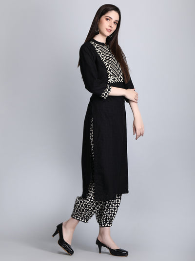 Women's Black Dobby Staright Kurta with Printed Afghani Salwar