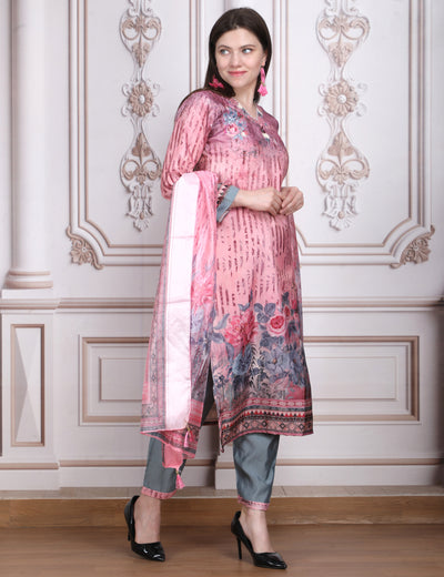 Pink Weaves Women's Pink Embroidered Floral Kurta Pant With Dupatta Set