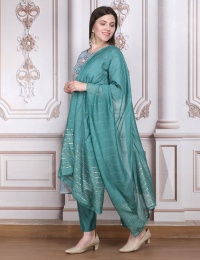 Pink Weaves Women's Turquoise Blue Embroidered Kurta Pant With Dupatta Set