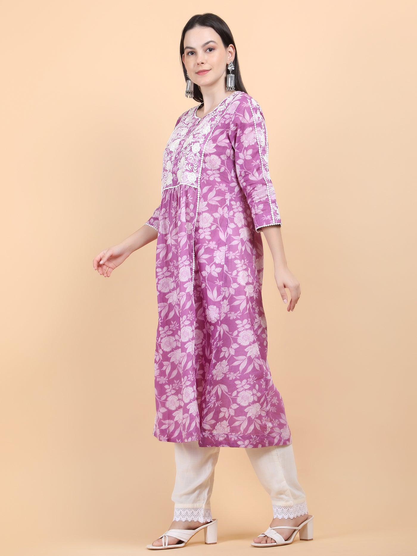 Women's Purple Floral Printed Cotton A - Line Chikankari Embroidered Kurta