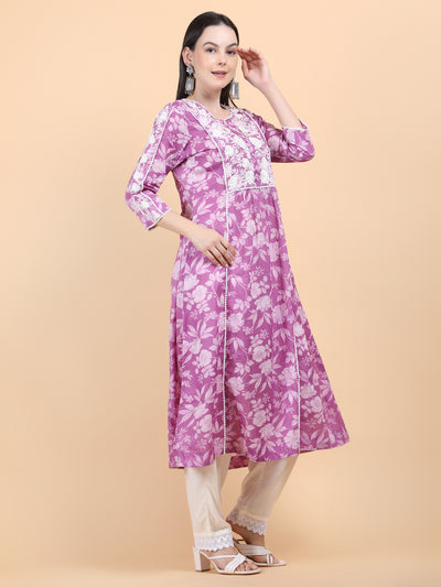 Women's Purple Floral Printed Cotton A - Line Chikankari Embroidered Kurta